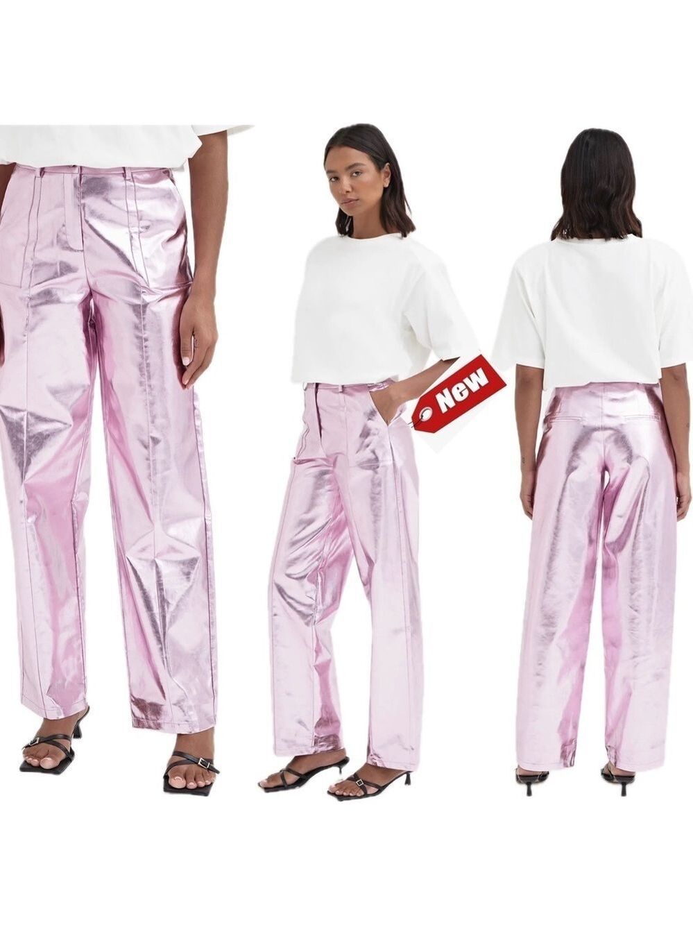 4th & Reckless PINK METALLIC LIQUID FOIL FAUX LEATHER TROUSER - ZELDA Sz S NWT
